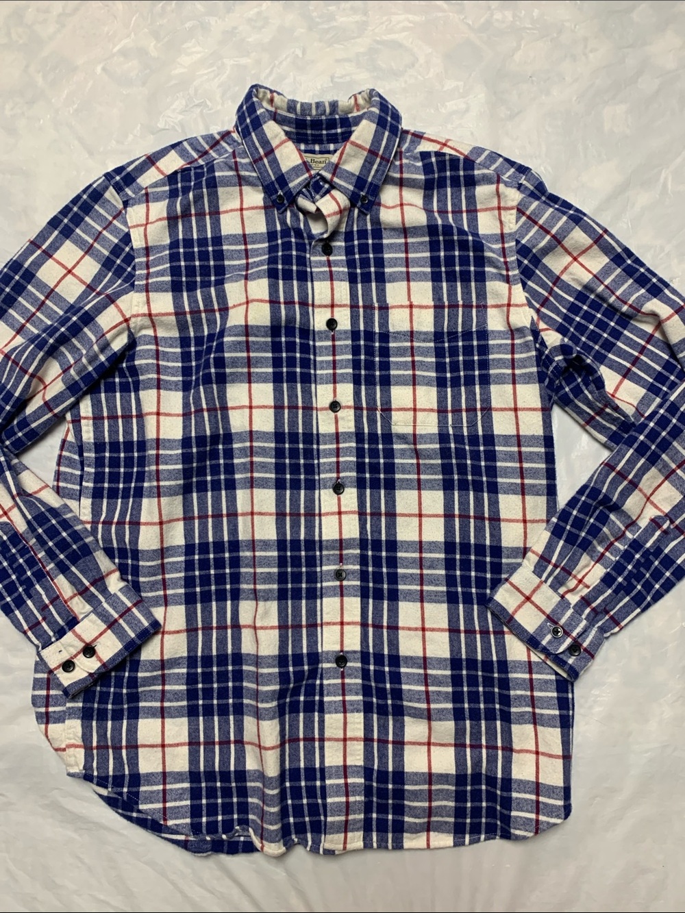 LL Bean Scotch Plaid Flannel Shirt Blue White Button Up Long Sleeve Size M